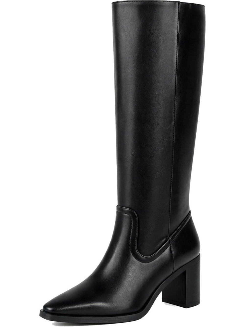 Women's Black Knee High Boots Chunky Heel Boots 2.95" Heels Square Toe Zipper